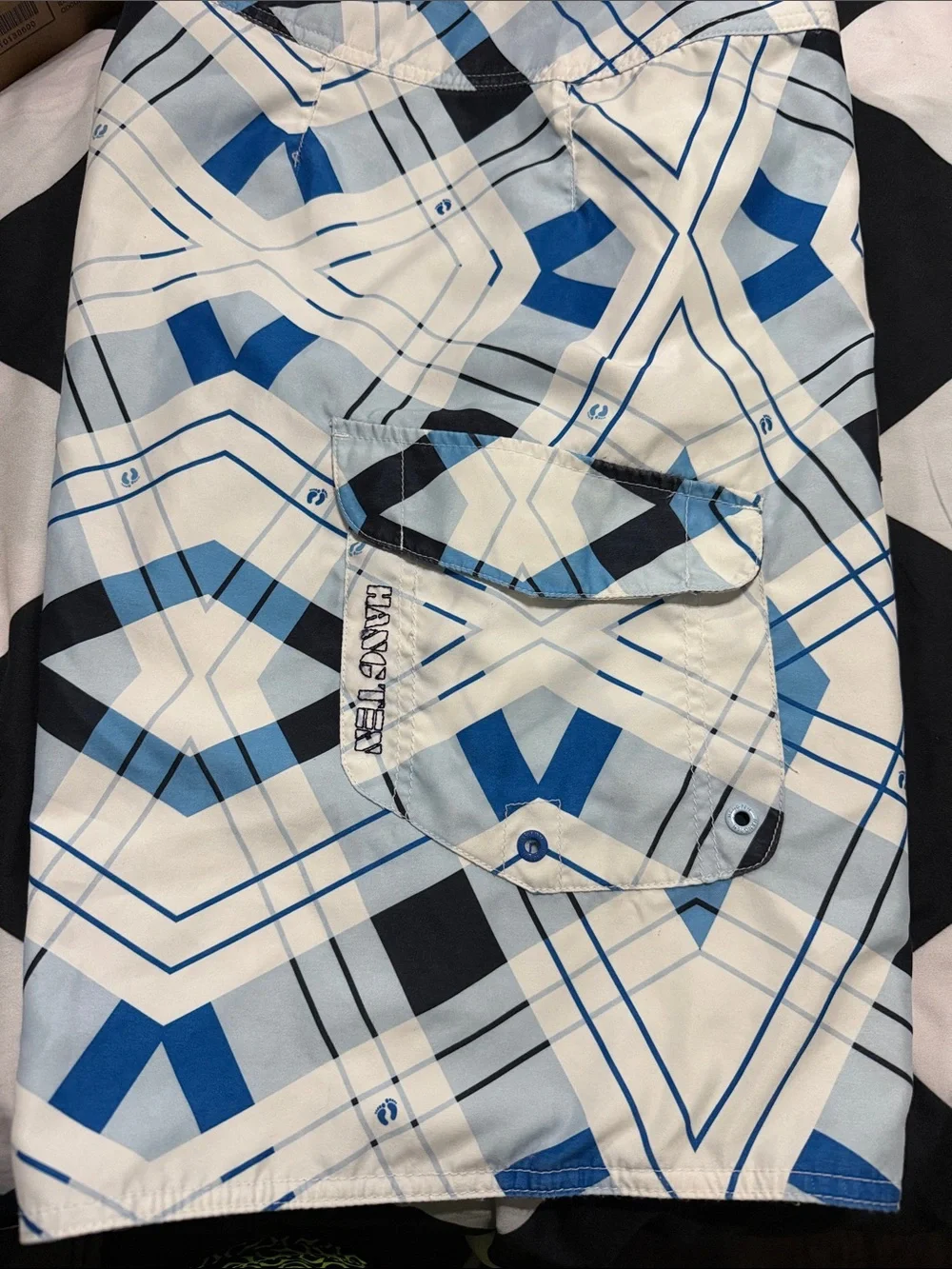 Mossimo Supply Co. White and Blue Geometric Swim Shorts 32